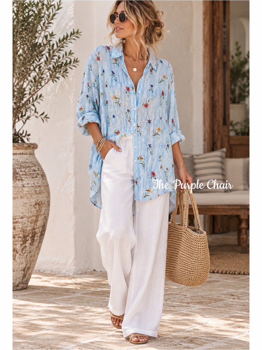 120% LINO NWT Striped Floral Print Button Down Dolman Sleeve Oversized Linen Top